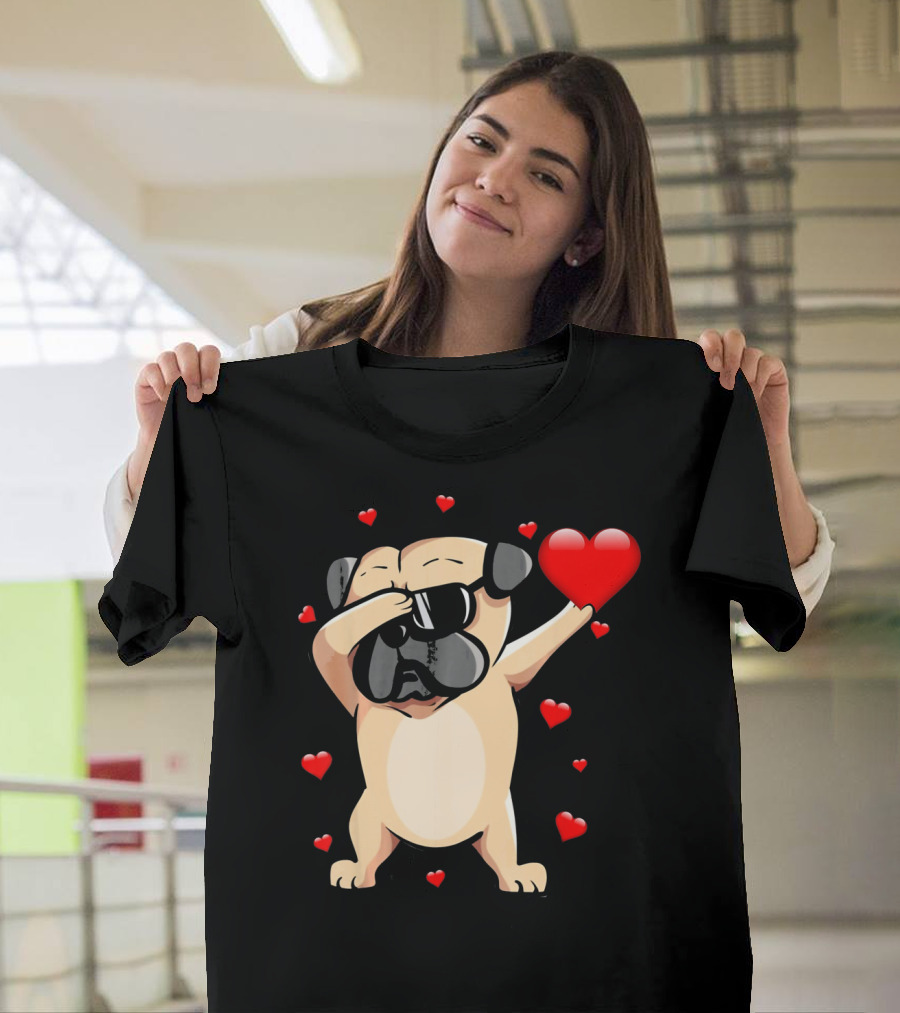 Pug Valentines Day Dabbing Love Dog With Hearts T-Shirt