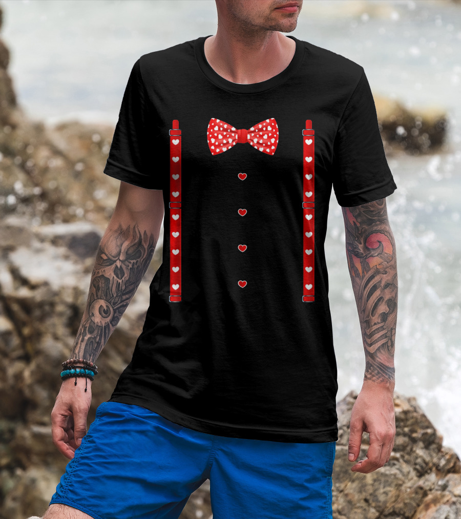 Red Hearts Bow Tie And Suspenders Valentine T-Shirt