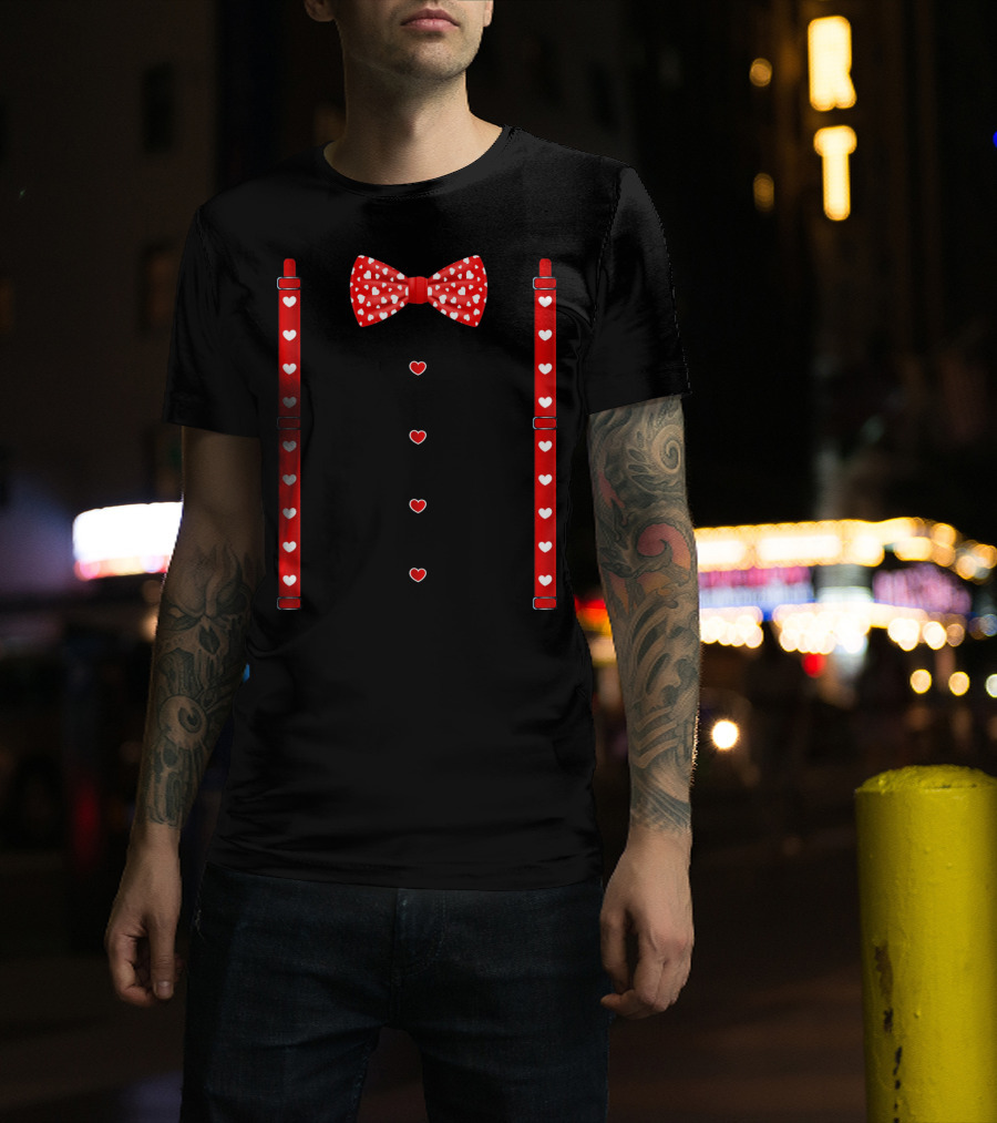 Red Hearts Bow Tie And Suspenders Valentine T-Shirt