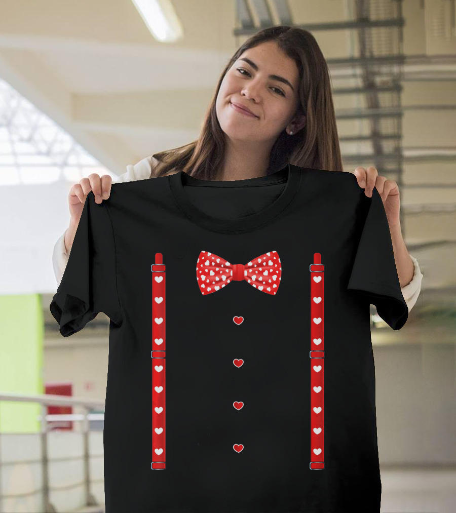 Red Hearts Bow Tie And Suspenders Valentine T-Shirt