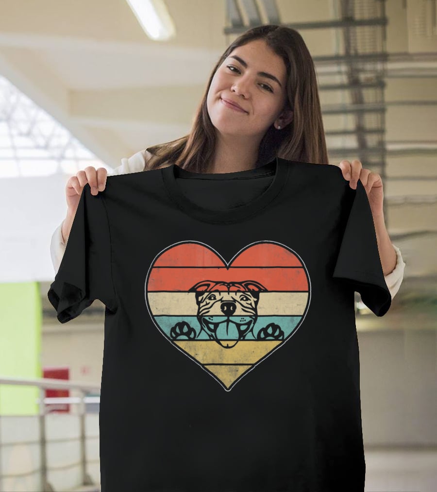 Retro Vintage Pit Bull Heart Valentine Stripes T-Shirt