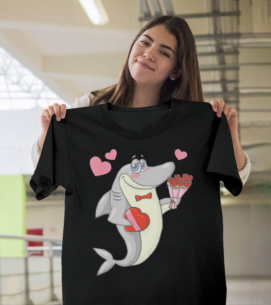 Shark Holding Heart Box And Bouquet With Hearts Valentine T-Shirt