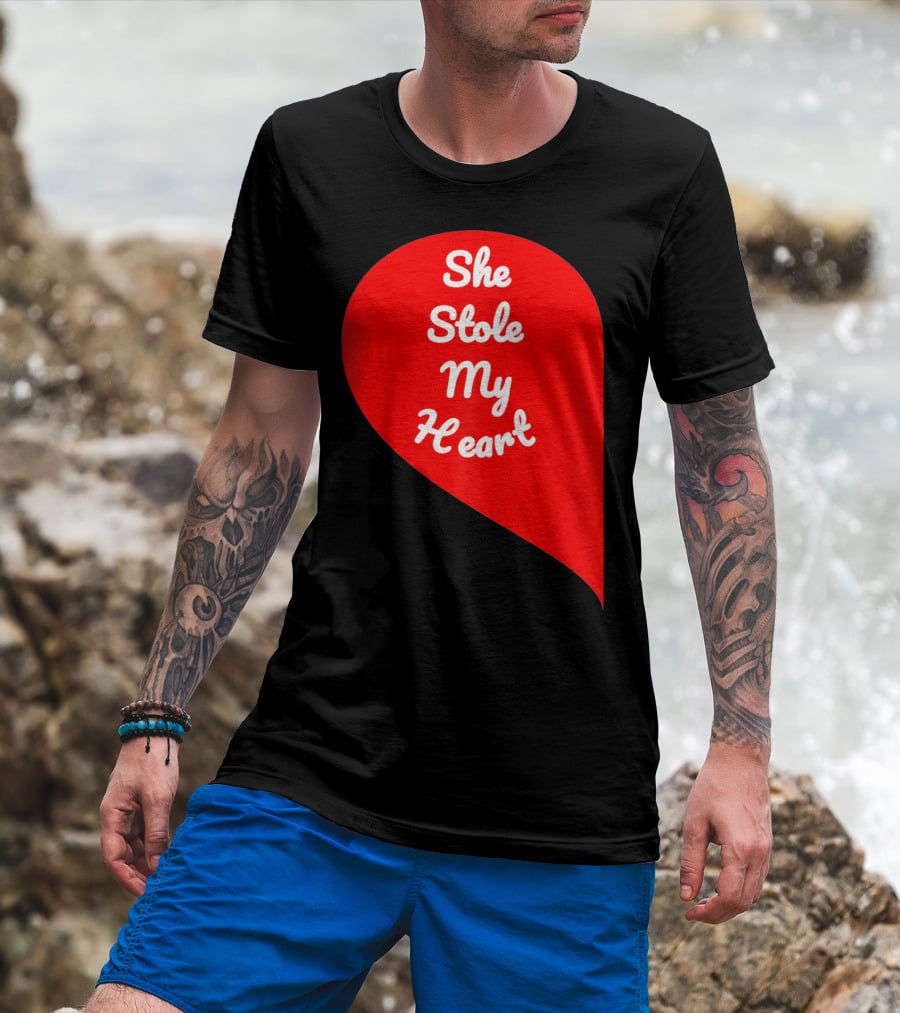 She Stole My Heart Valentine's Day Red Heart Drop Shaped T-Shirt