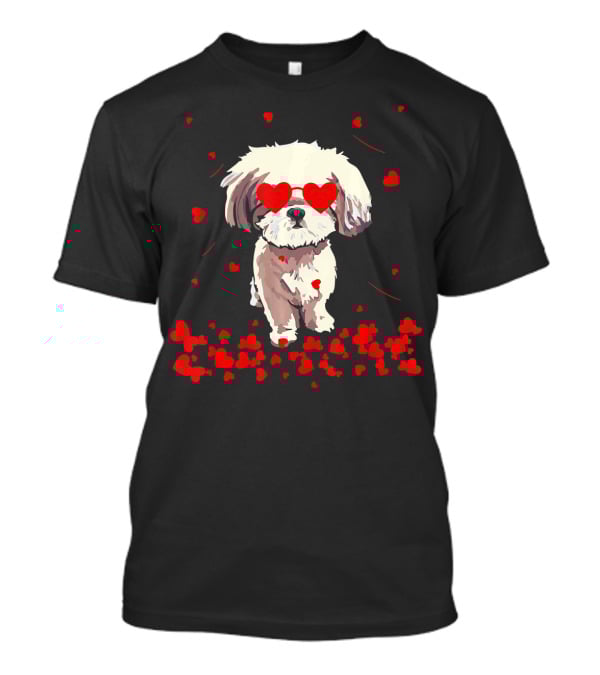 Shih Tzu Heart Valentines Day Dog With Heart Glasses Surrounded By Red Hearts T-Shirt