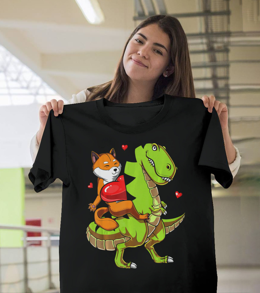 Shiba Inu Riding Green T-Rex Dinosaur with Red Hearts T-Shirt