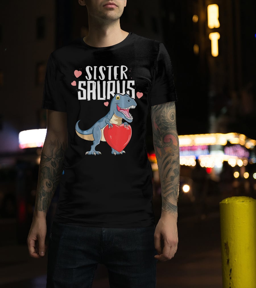 Sister Saurus Valentines Dinosaur Holding Heart T-Shirt