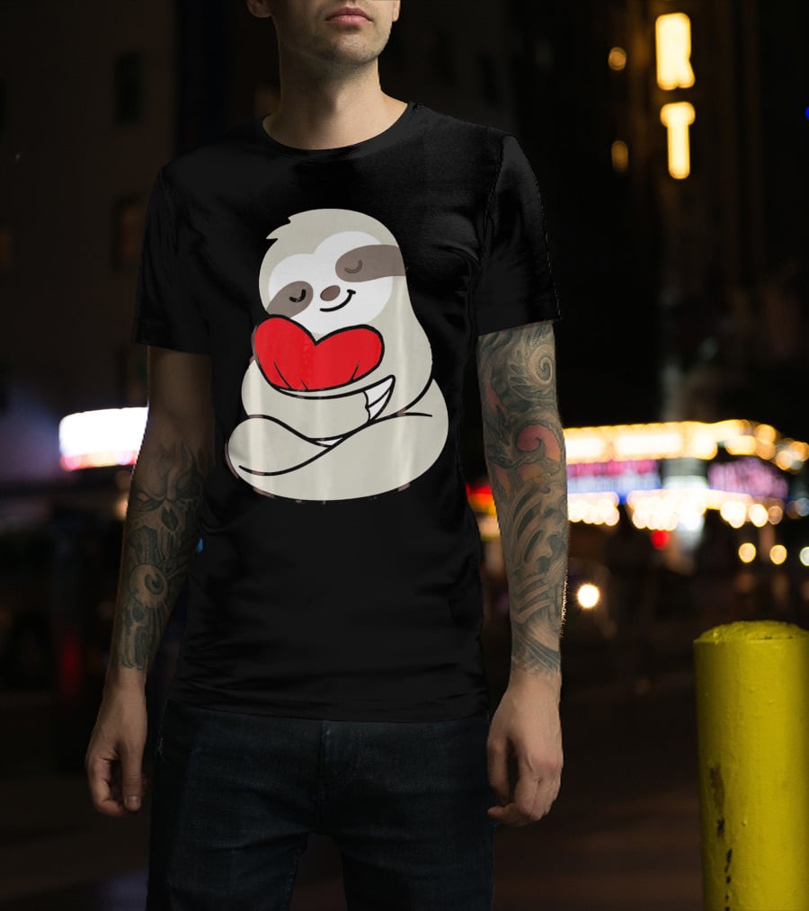 Sloth Hugging Heart Love Valentines T-Shirt