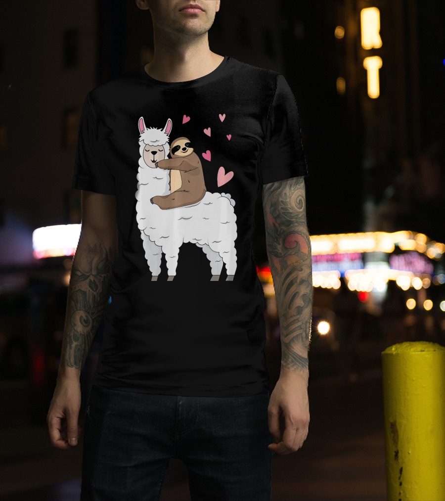 Sloth Riding Llama Cute Hearts Valentines Day T-Shirt