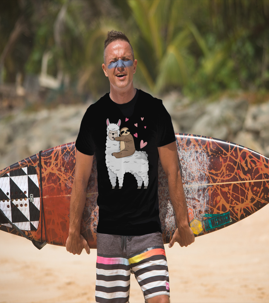 Sloth Riding Llama Cute Hearts Valentines Day T-Shirt