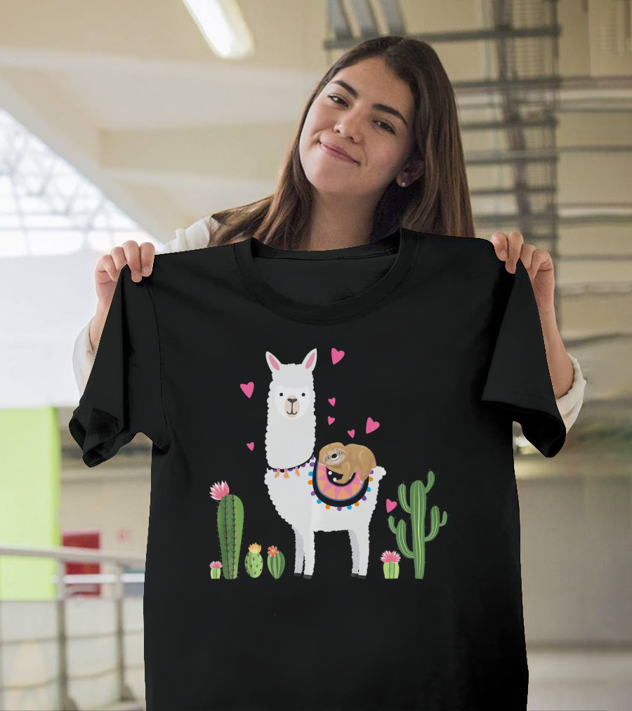 Sloth Riding Llama Heart Cactus Funny Va T-Shirt