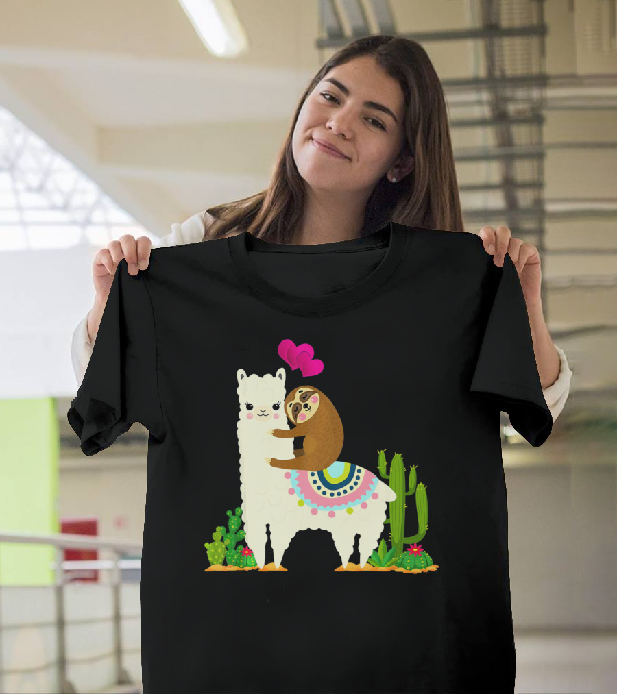Sloth Riding Llama with Pink Hearts and Cactus Funny Valentin T-Shirt