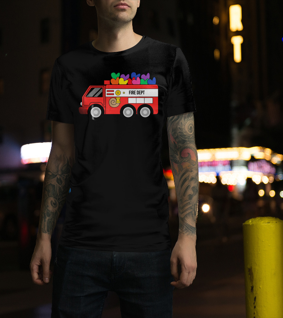 Fire Dept Valentine Hearts Sloth Fire Truck T-Shirt