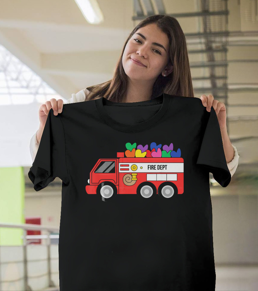 Fire Dept Valentine Hearts Sloth Fire Truck T-Shirt