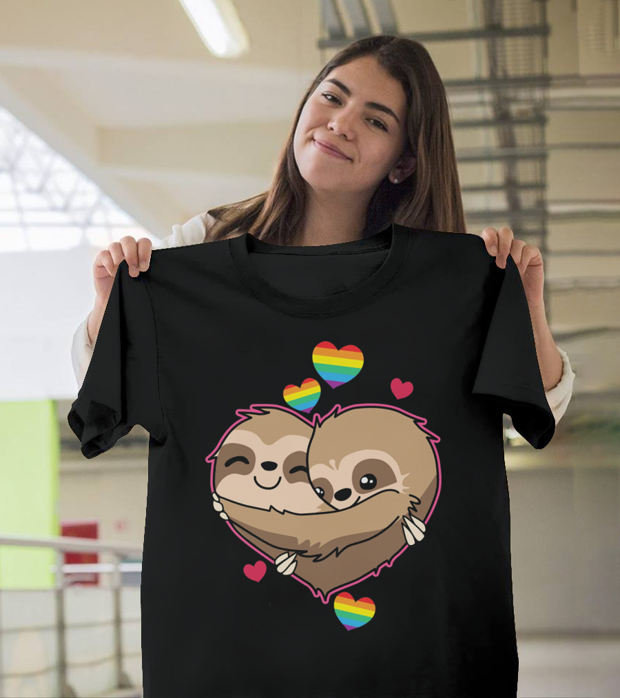 Valentines Day Sloth Heart with Rainbow Hearts T-Shirt