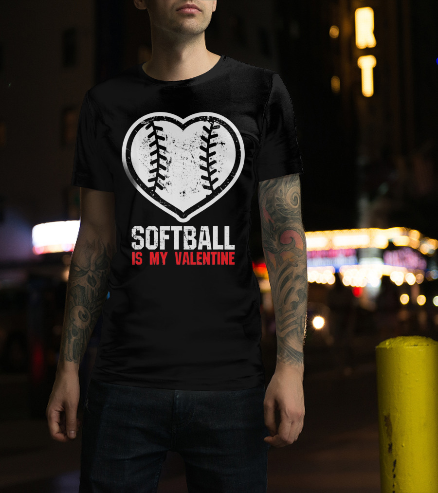 Softball Is My Valentine Heartball Stitching T-Shirt