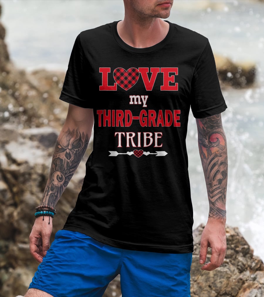 Love My Third-Grade Tribe Buffalo Plaid Heart Arrow T-Shirt