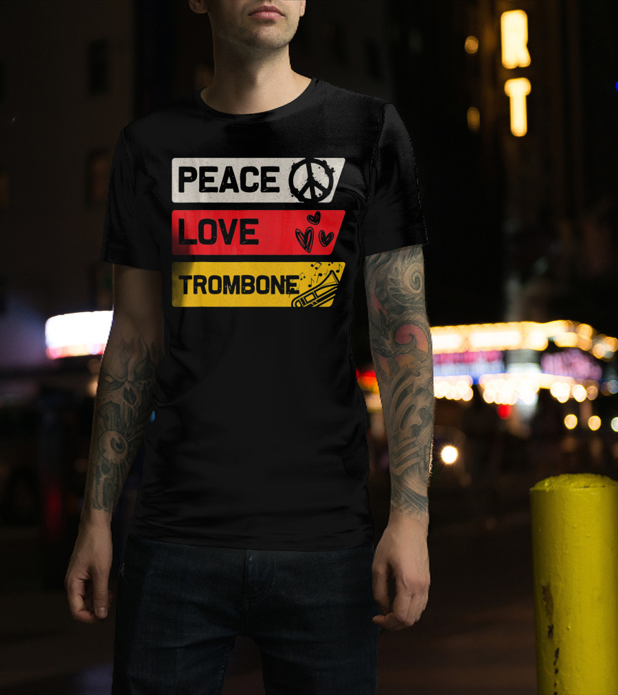Peace Sign Love Heart Trombone Music Symbols T-Shirt