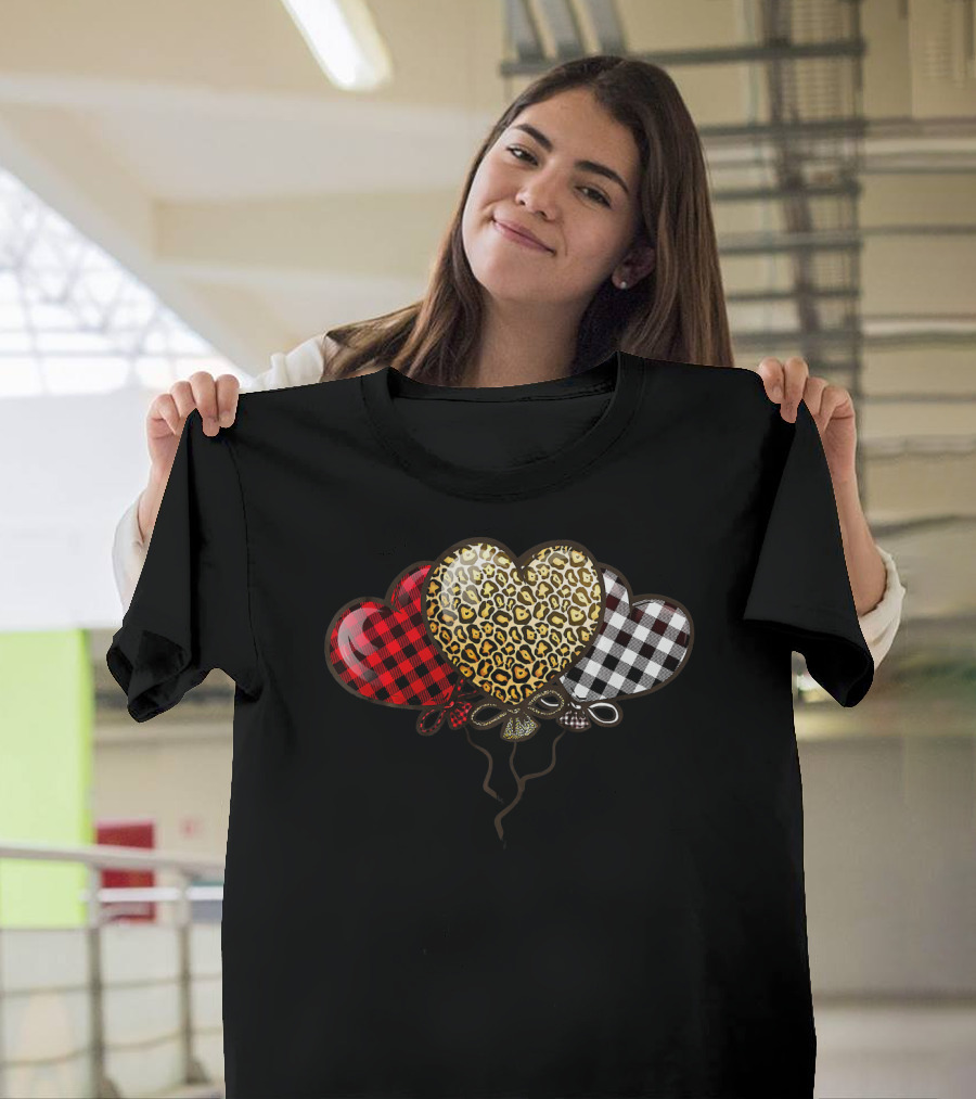 Three Balloons Hearts Buffalo Plaid Leopard T-Shirt
