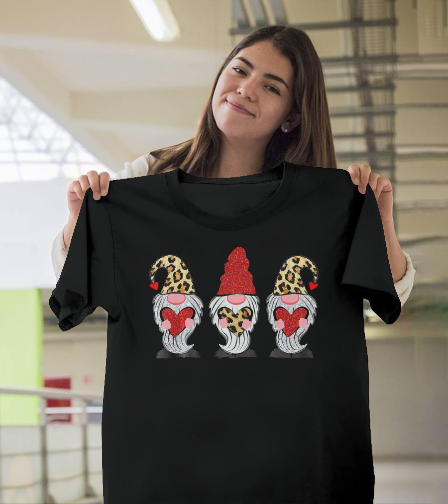 Three Gnomes with Leopard Hats and Glitter Hearts T-Shirt