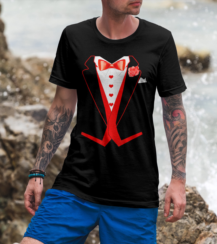 Tuxedo Red Hearts Cool Funny Valentines Bow Tie Rose T-Shirt