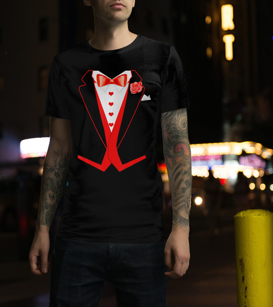 Tuxedo Red Hearts Cool Funny Valentines Bow Tie Rose T-Shirt