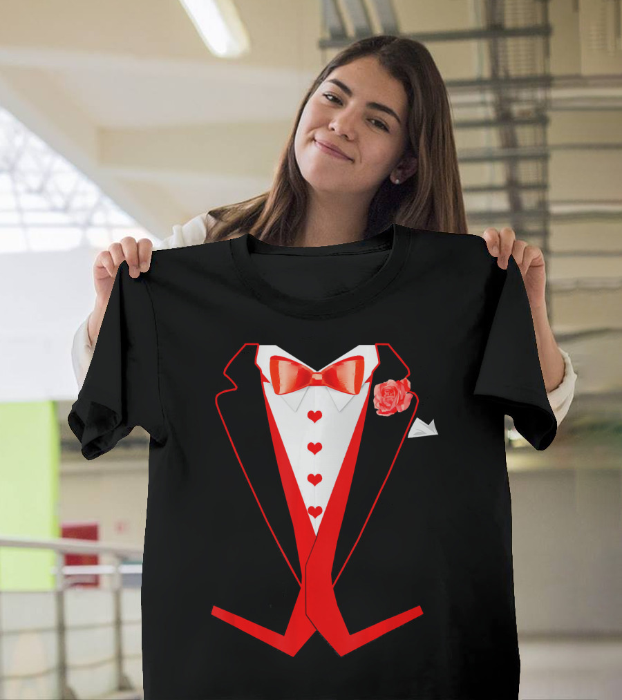 Tuxedo Red Hearts Cool Funny Valentines Bow Tie Rose T-Shirt