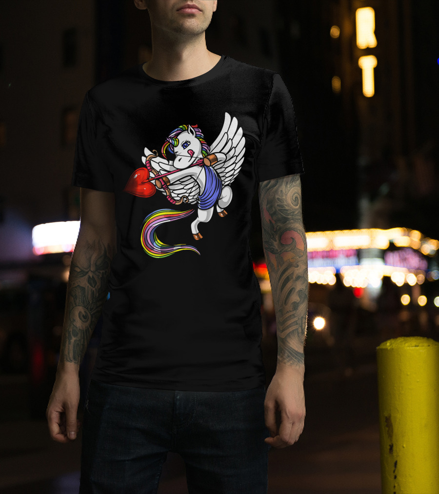 Unicorn Cupid Heart Valentines Day Rainbow Pegasus T-Shirt