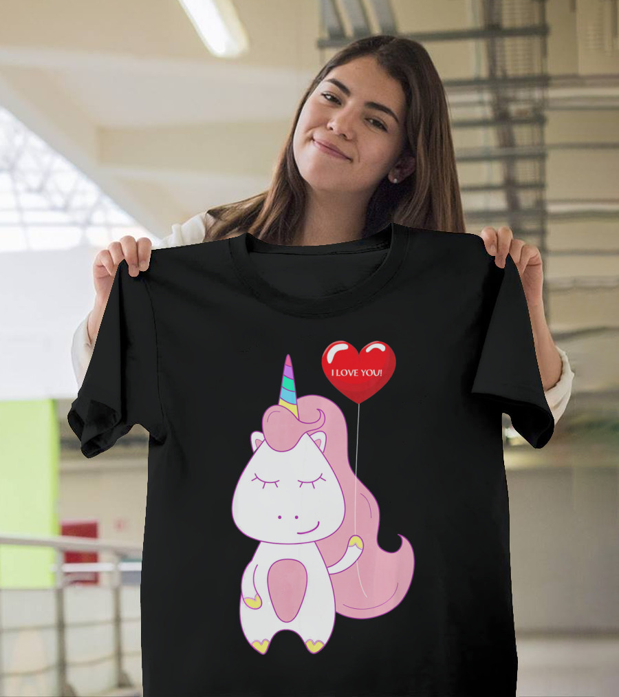 Unicorn Holding Heart Balloon with I Love You Message Valentine T-Shirt