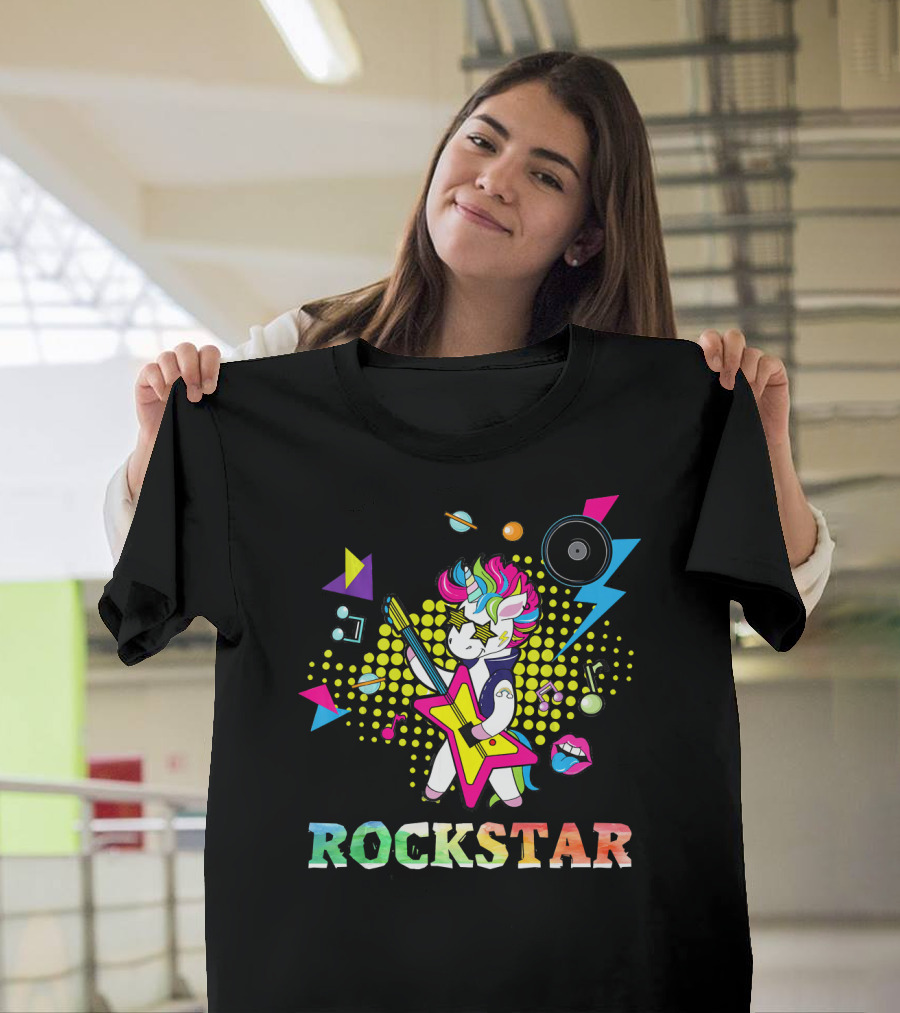 Unicorn Rock Star with Guitar Colorful Music Elements and Neon Symbols T-Shirt