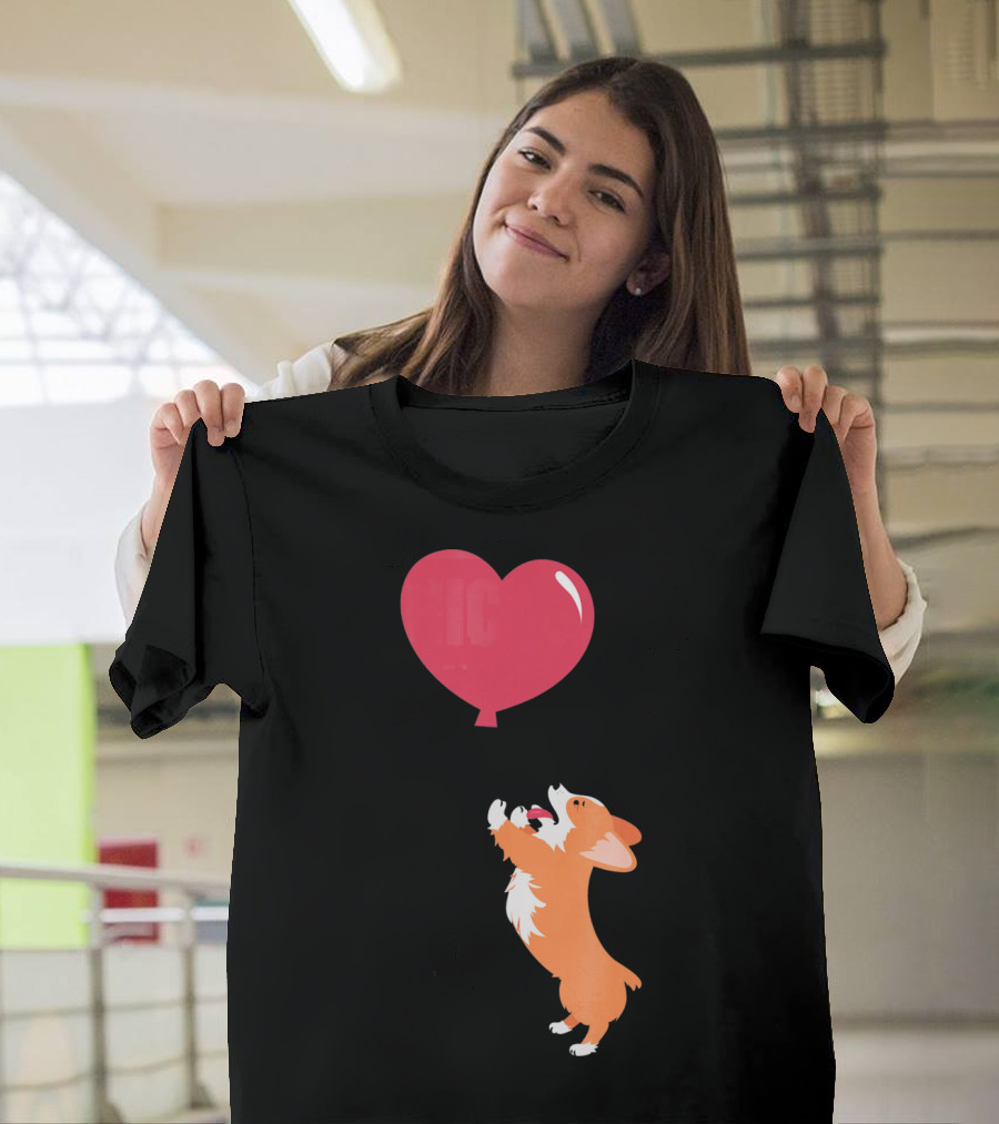 Little Corgi Puppy Dog Reaching for Red Heart Balloon T-Shirt