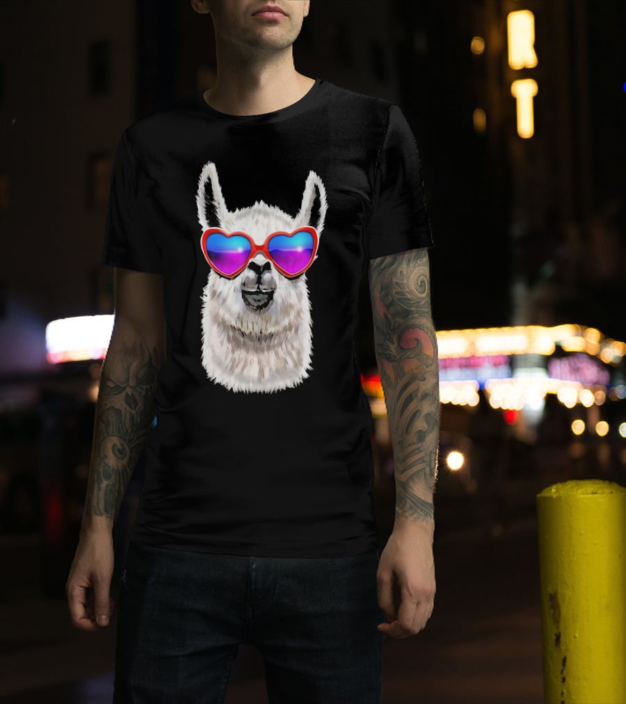 Llama Valentine's Day Heart Sunglasses Fashion T-Shirt