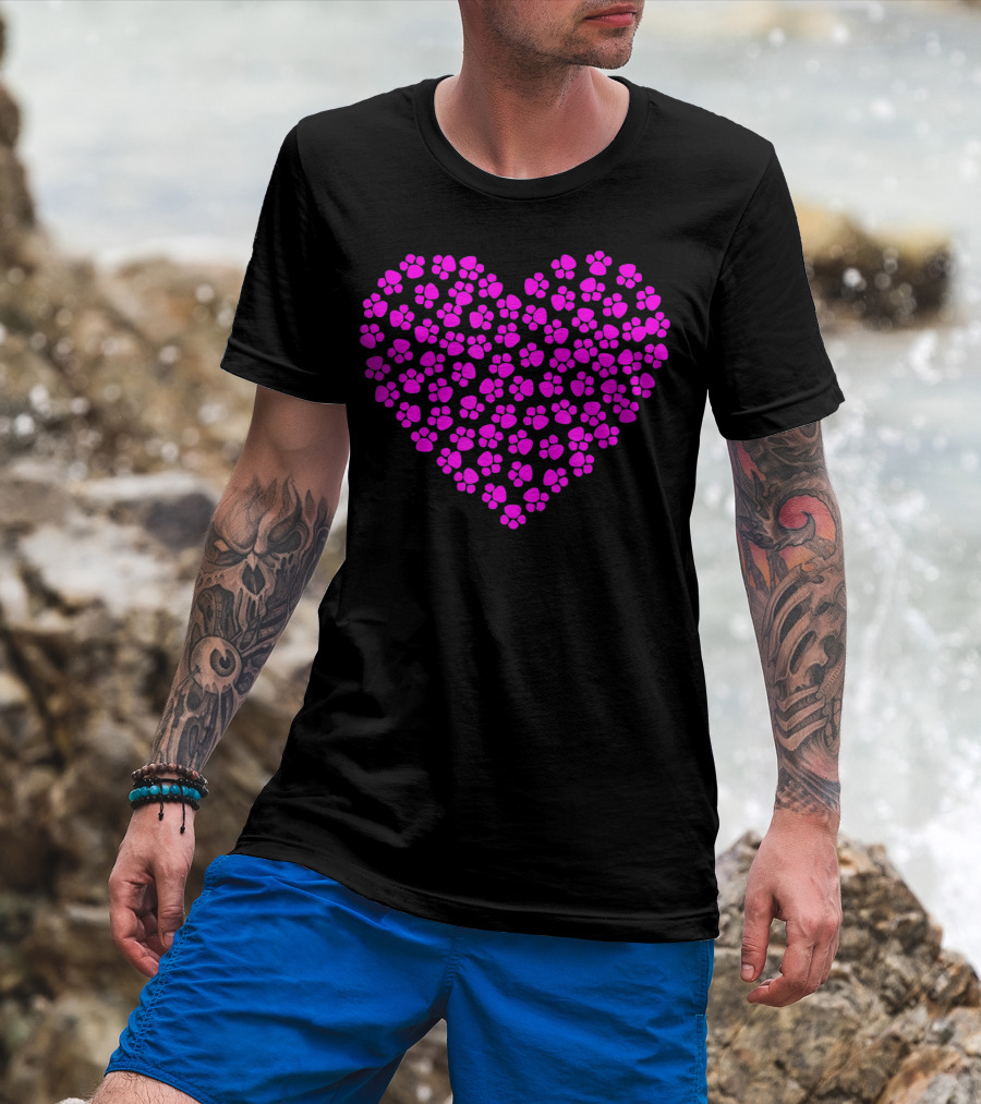 Valentines Day Pink Paws Heart T-Shirt