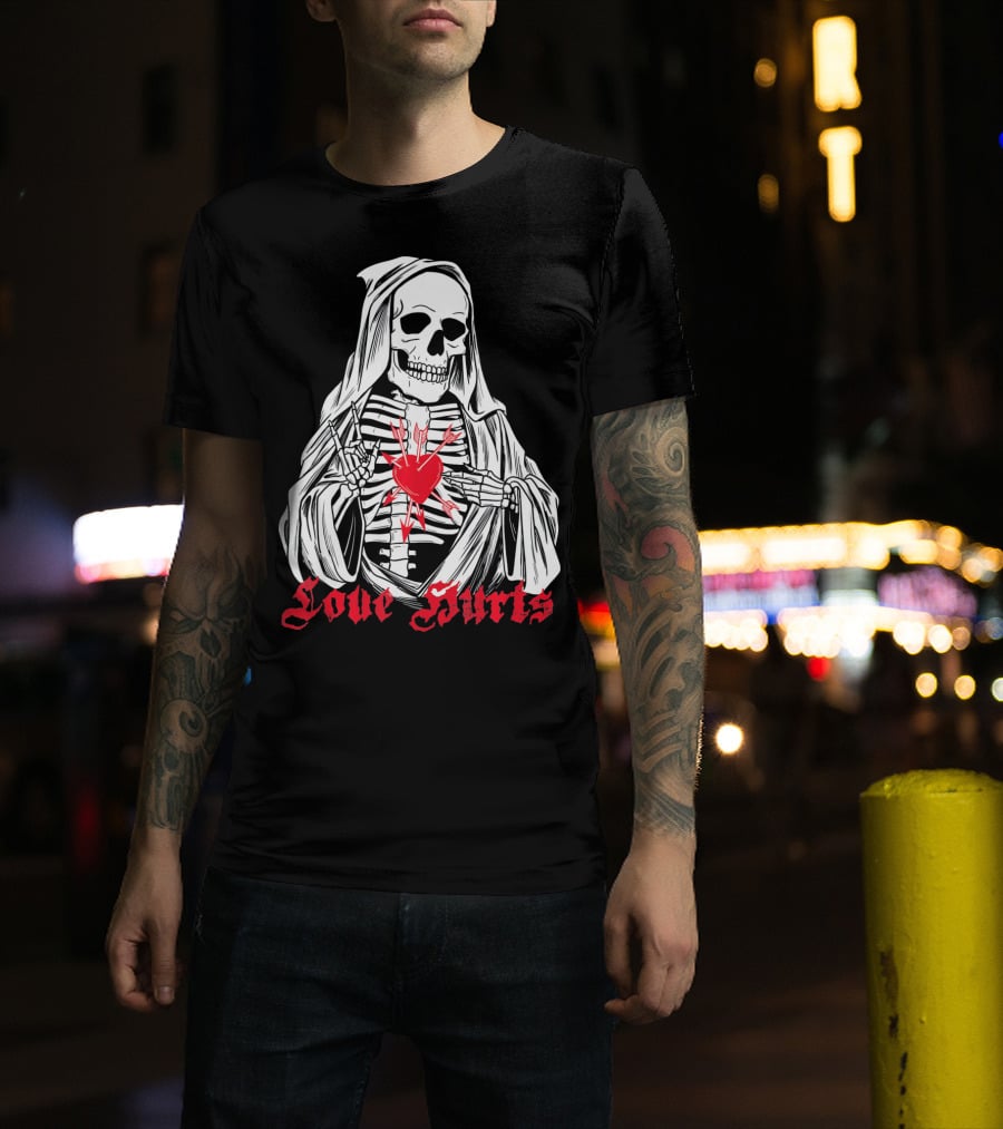 Love Hurts Grim Reaper Skull Heart Arrows Death T-Shirt