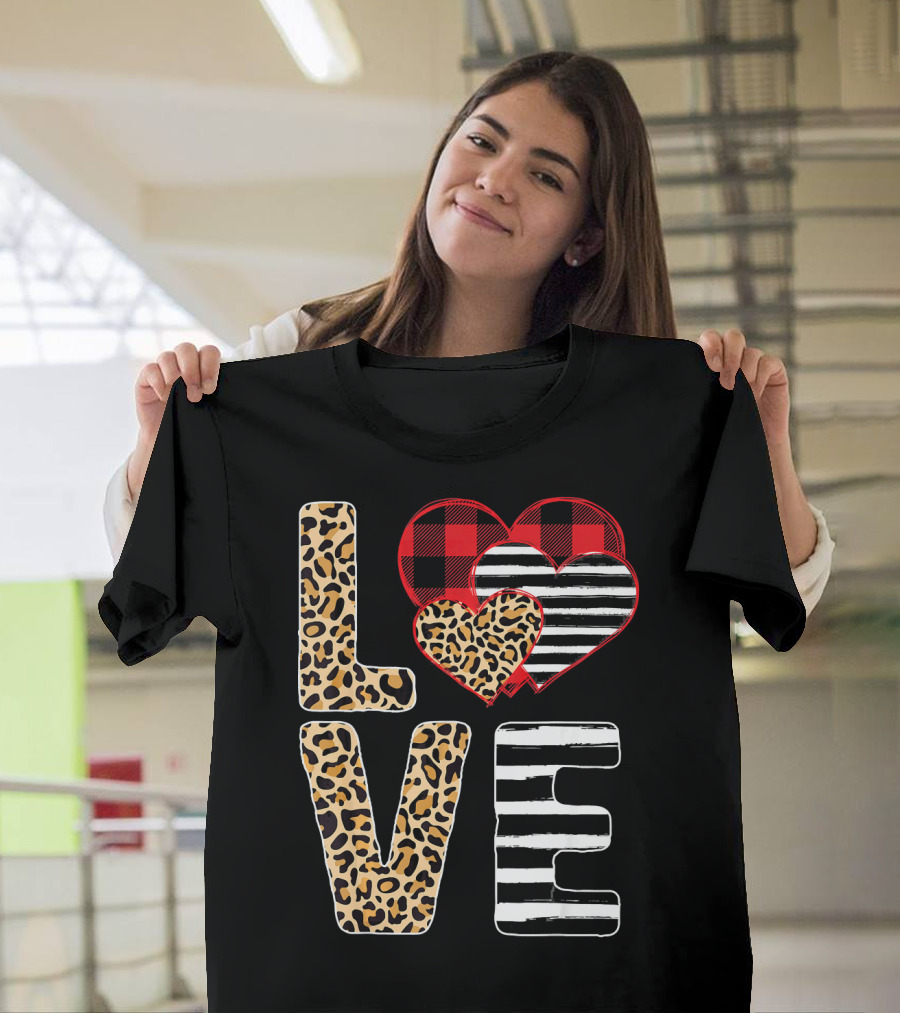 Love Valentines Day Hearts Leopard Buffalo Plaid Stripe T-Shirt