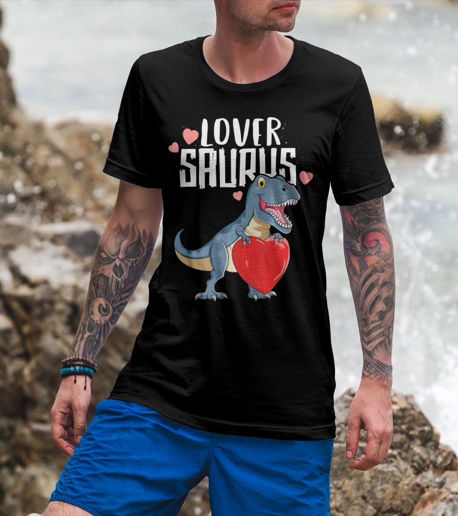 Lover Saurus Dinosaur Holding Heart With Loveasaurus Valentines T-Shirt
