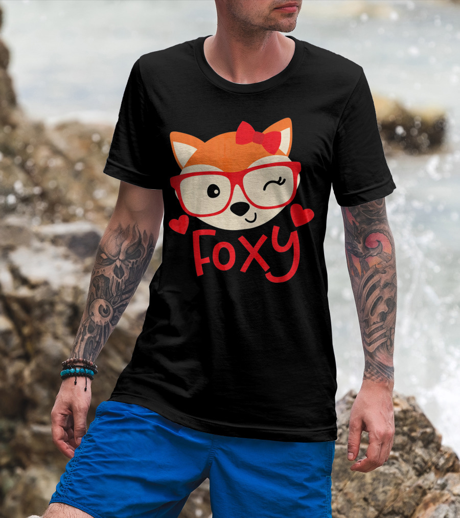 Foxy Cute Winking Fox With Glasses And Bow Valentine Hearts T-Shirt