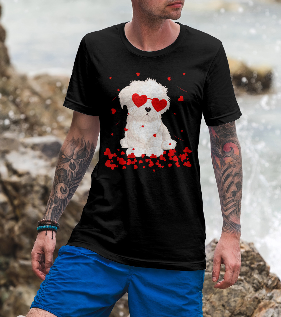 Maltese Dog With Heart Glasses Surrounded By Valentine Hearts T-Shirt