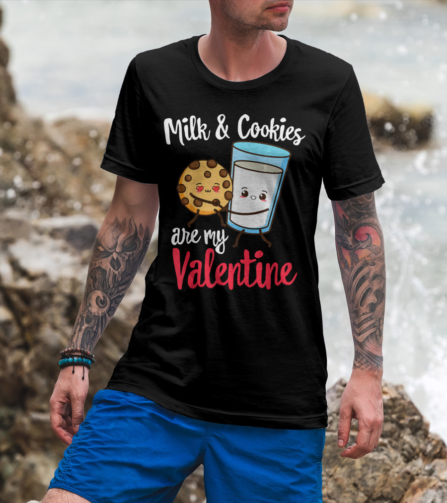 Milk And Cookies Are My Valentine Funny Kawaii Cute Emoji T-Shirt