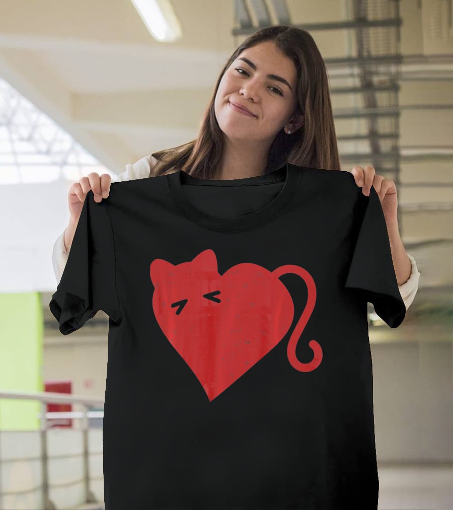 My Cat Is My Valentine Red Heart Distressed Cat Face Tail T-Shirt