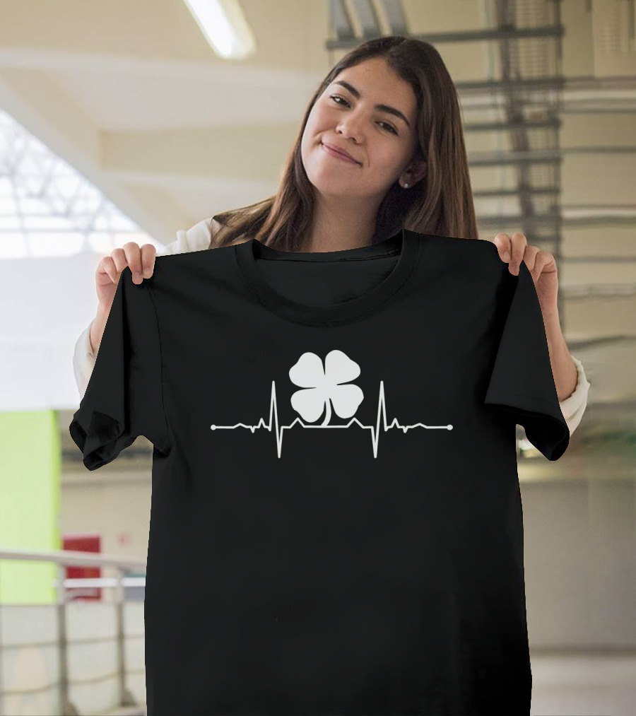 Heartbeat Irish Four Leaf Clover Pulsing EKG Shamrock T-Shirt