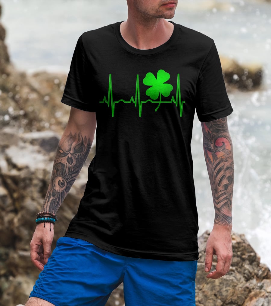 St Patricks Day Irish Shamrock Heartbeat EKG T-Shirt