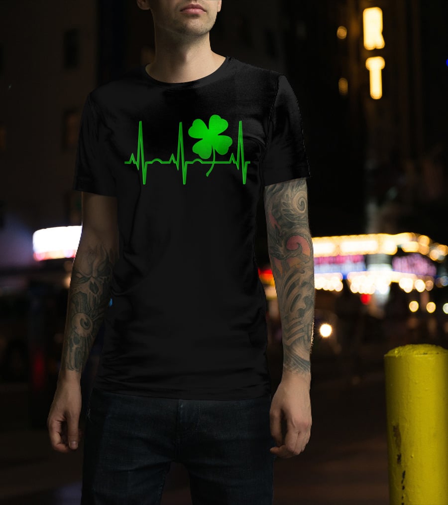 St Patricks Day Irish Shamrock Heartbeat EKG T-Shirt