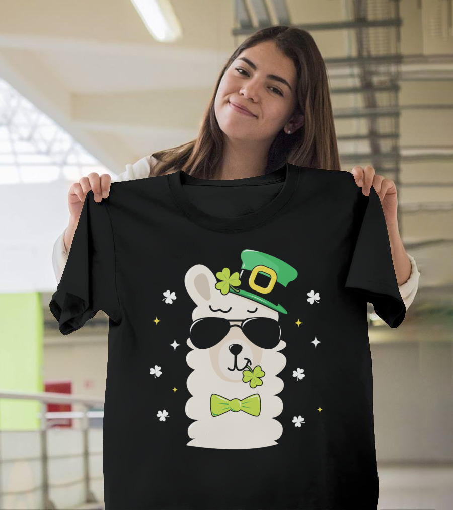 Llama Leprechaun Kids St Patricks Day Clover Hat Sunglasses Bow Tie T-Shirt