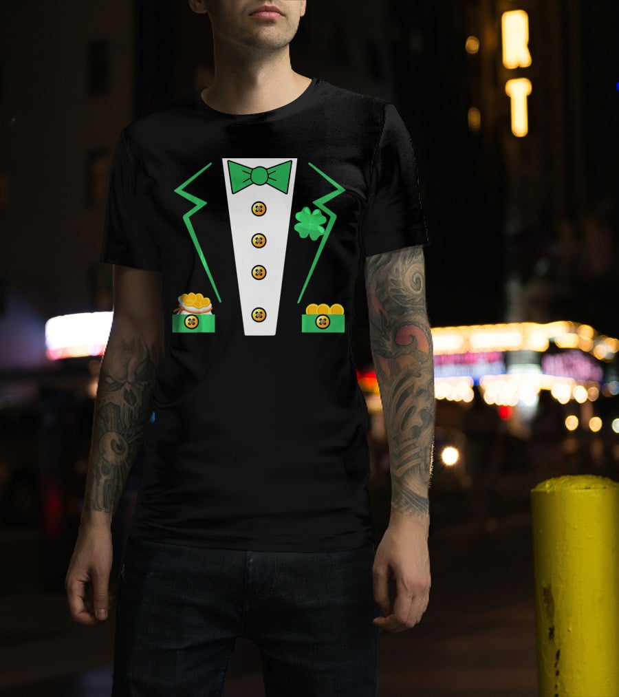 St. Patrick's Day Leprechaun Tuxedo With Shamrock And Coin Boxes T-Shirt