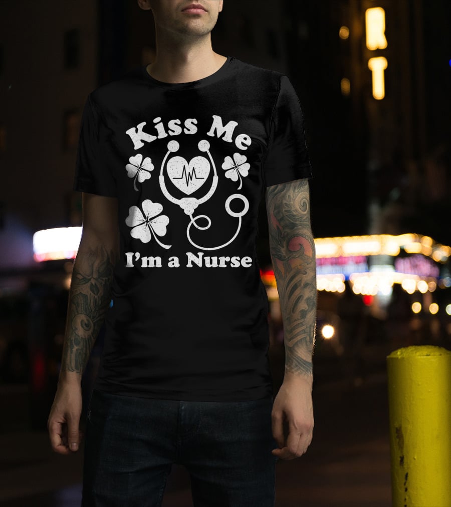 Kiss Me I'm A Nurse Stethoscope Heartbeat Shamrocks T-Shirt