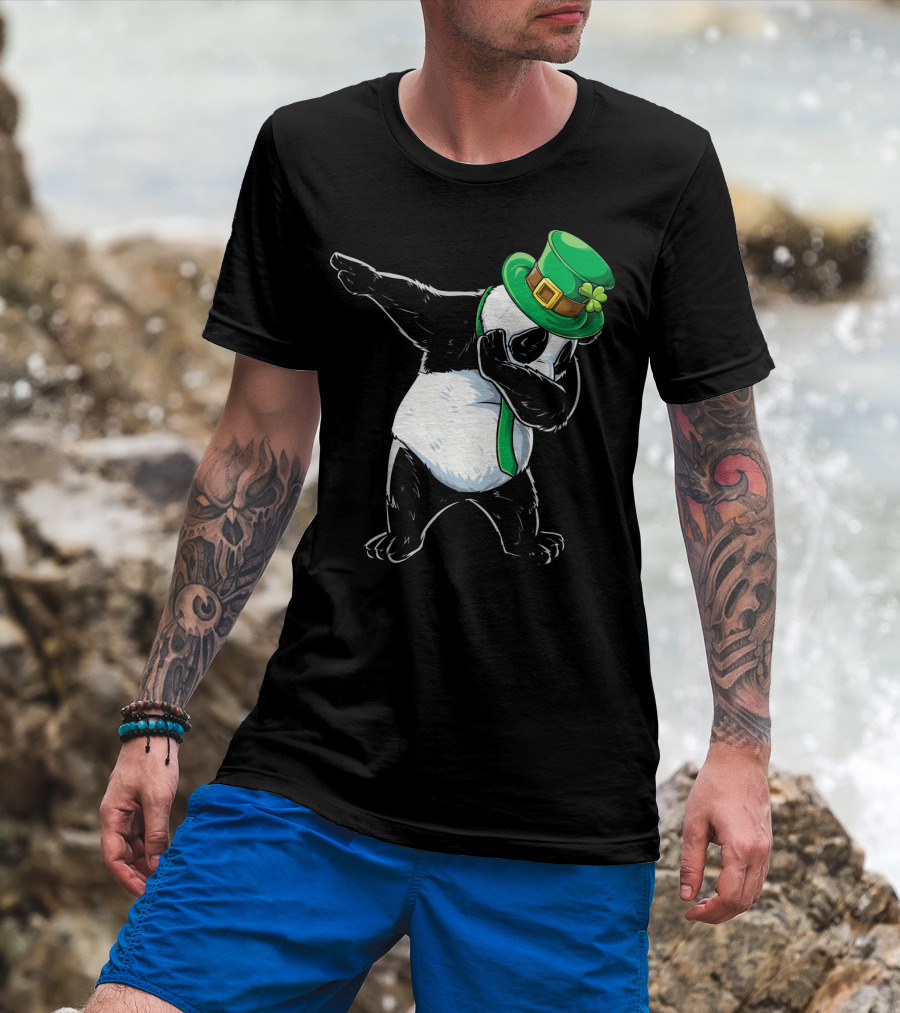 Dabbing Panda St Patricks Day Hat And Green Scarf T-Shirt