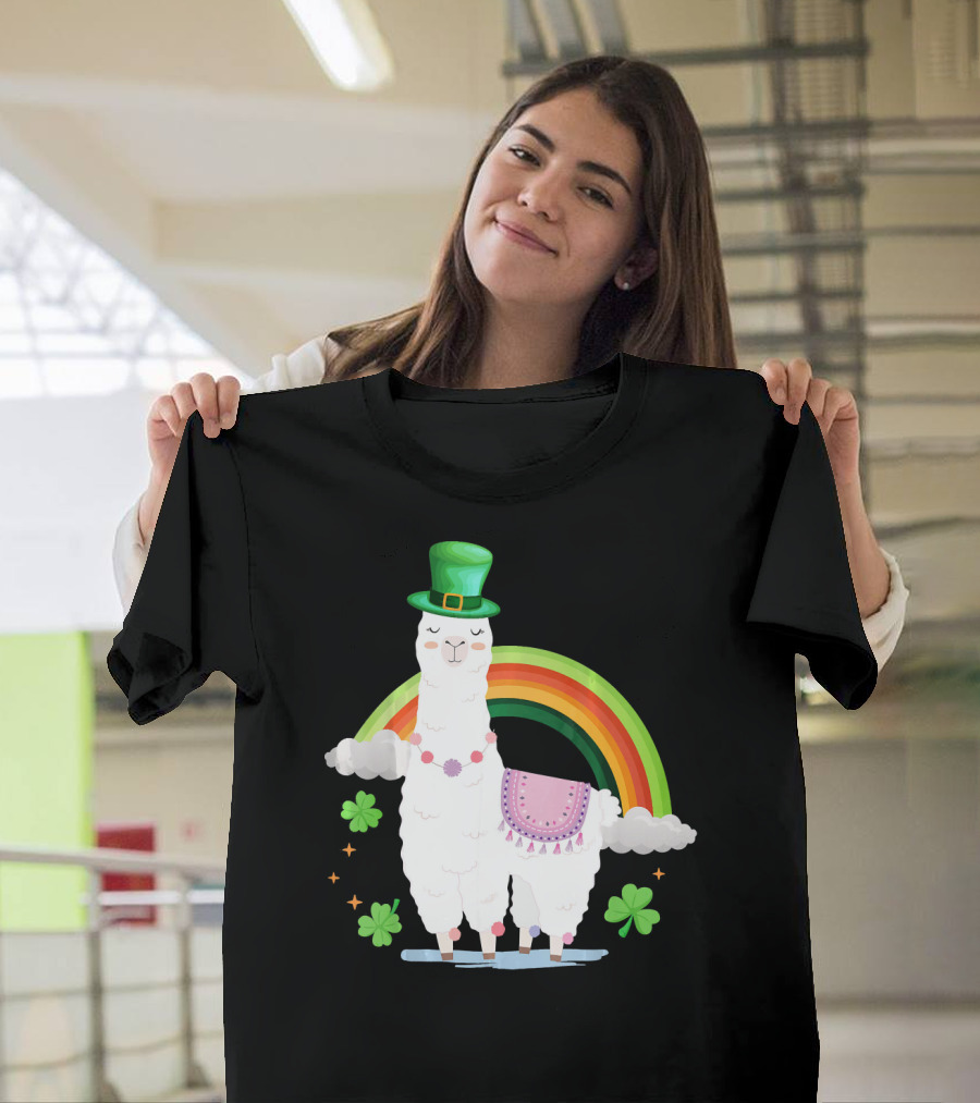 Llama St Patricks Day Rainbow Leprechaun Hat With Shamrocks T-Shirt