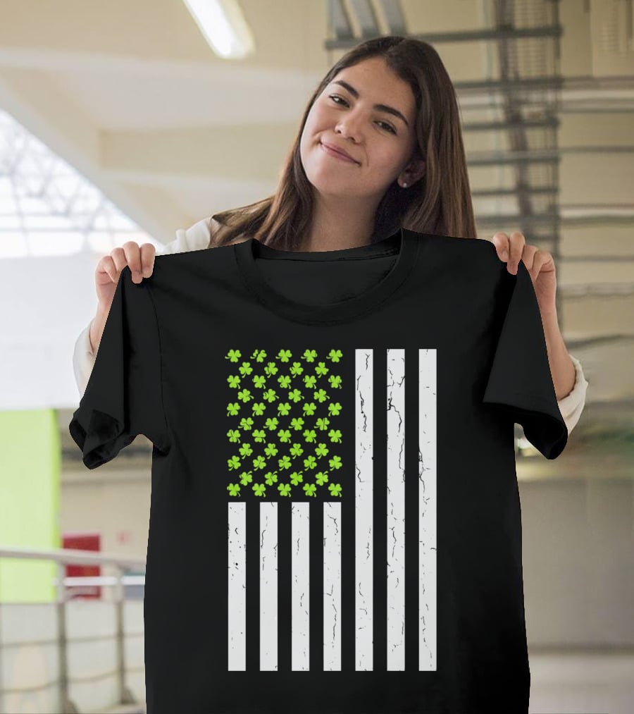 St Patricksday Shamrock American Flag T-Shirt