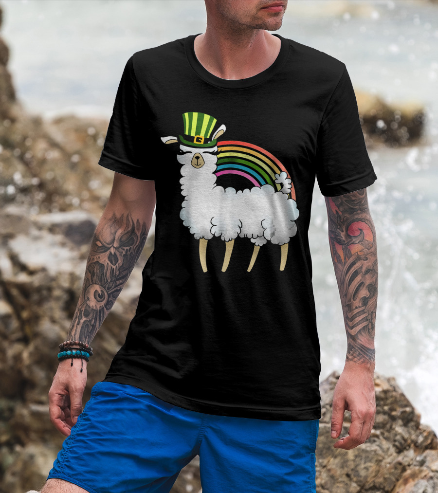 Llama In St Patrick's Day Hat With Rainbow T-Shirt