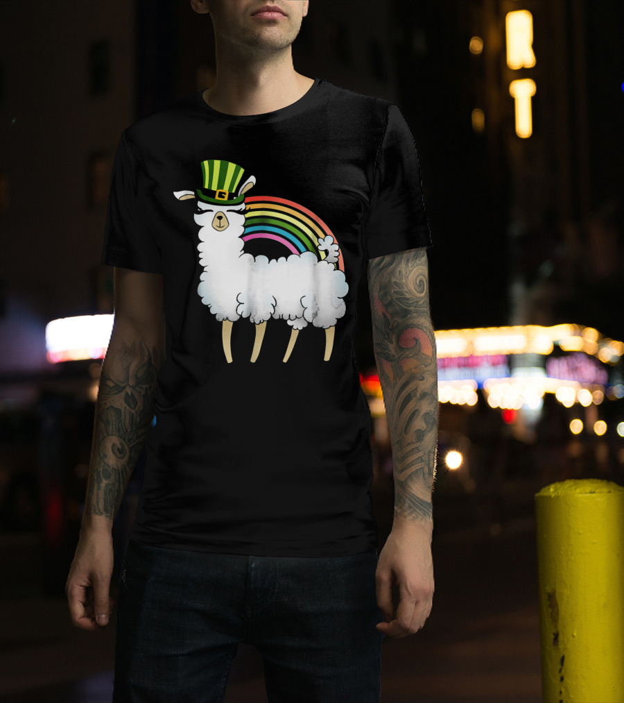 Llama In St Patrick's Day Hat With Rainbow T-Shirt